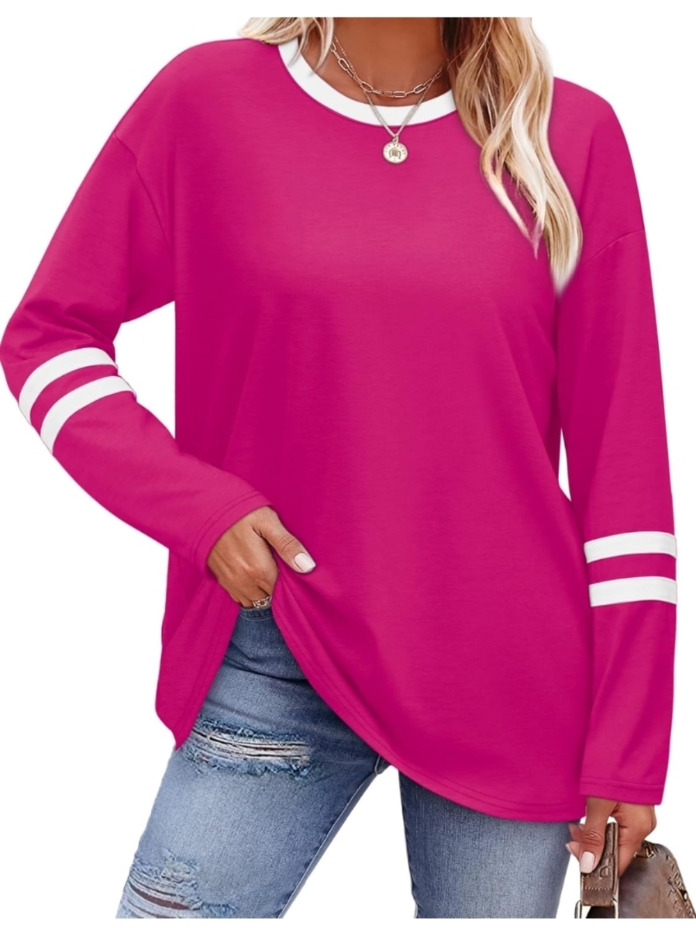 Sampeel Color Block Long Sleeve Tunic Top Hot Pink XL (EUC)